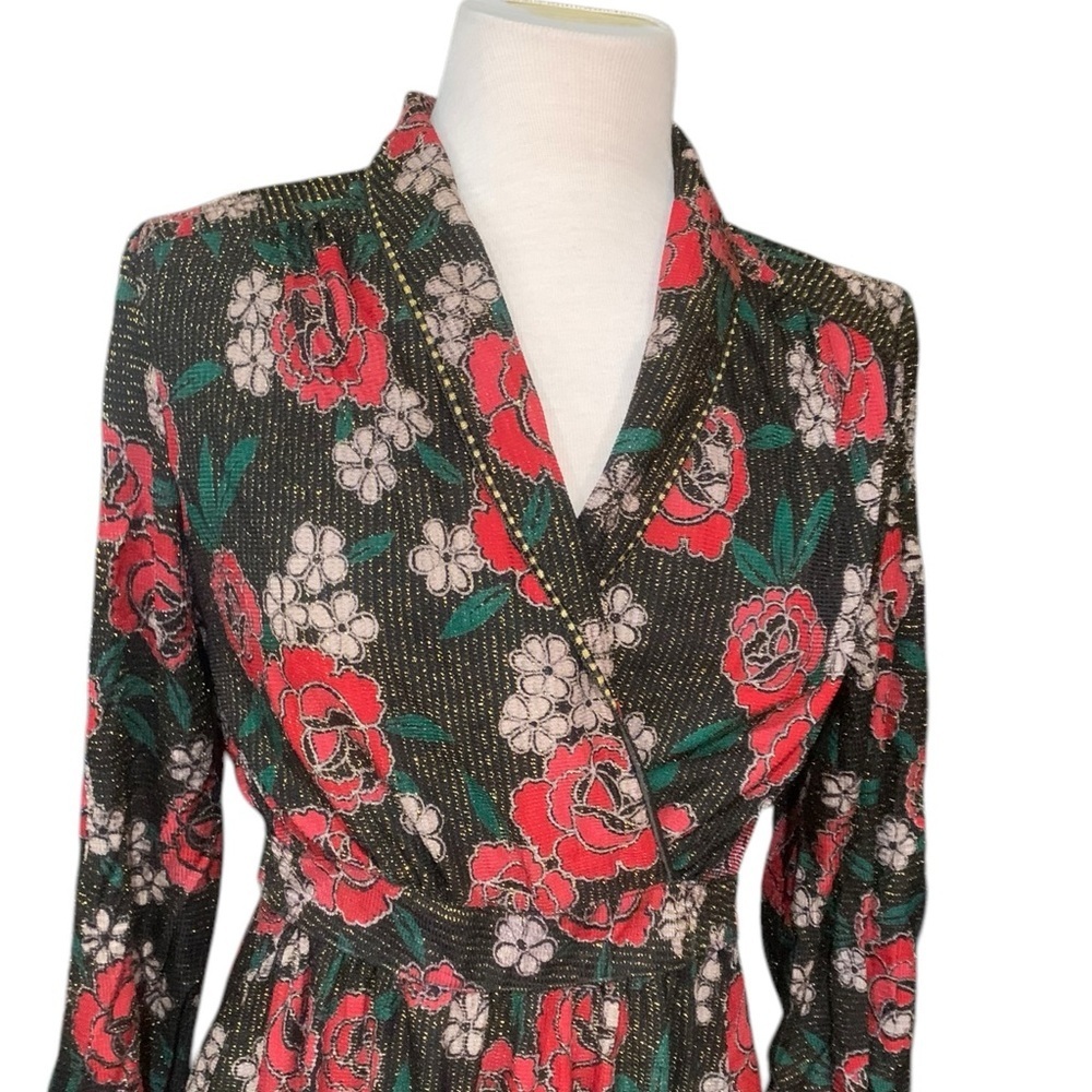 Vntg mandarin collar floral maxi dress with gold thread and tie back waist - Picture 2 of 7